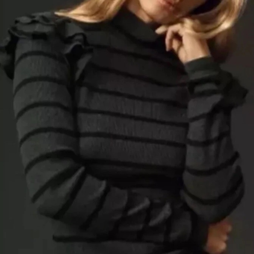 Anthropologie T.LA Ruffled Turtleneck Top Green XL